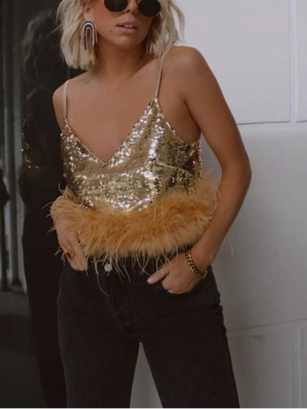 12th Tribe Gold Sequin Feather Trim Crop Top